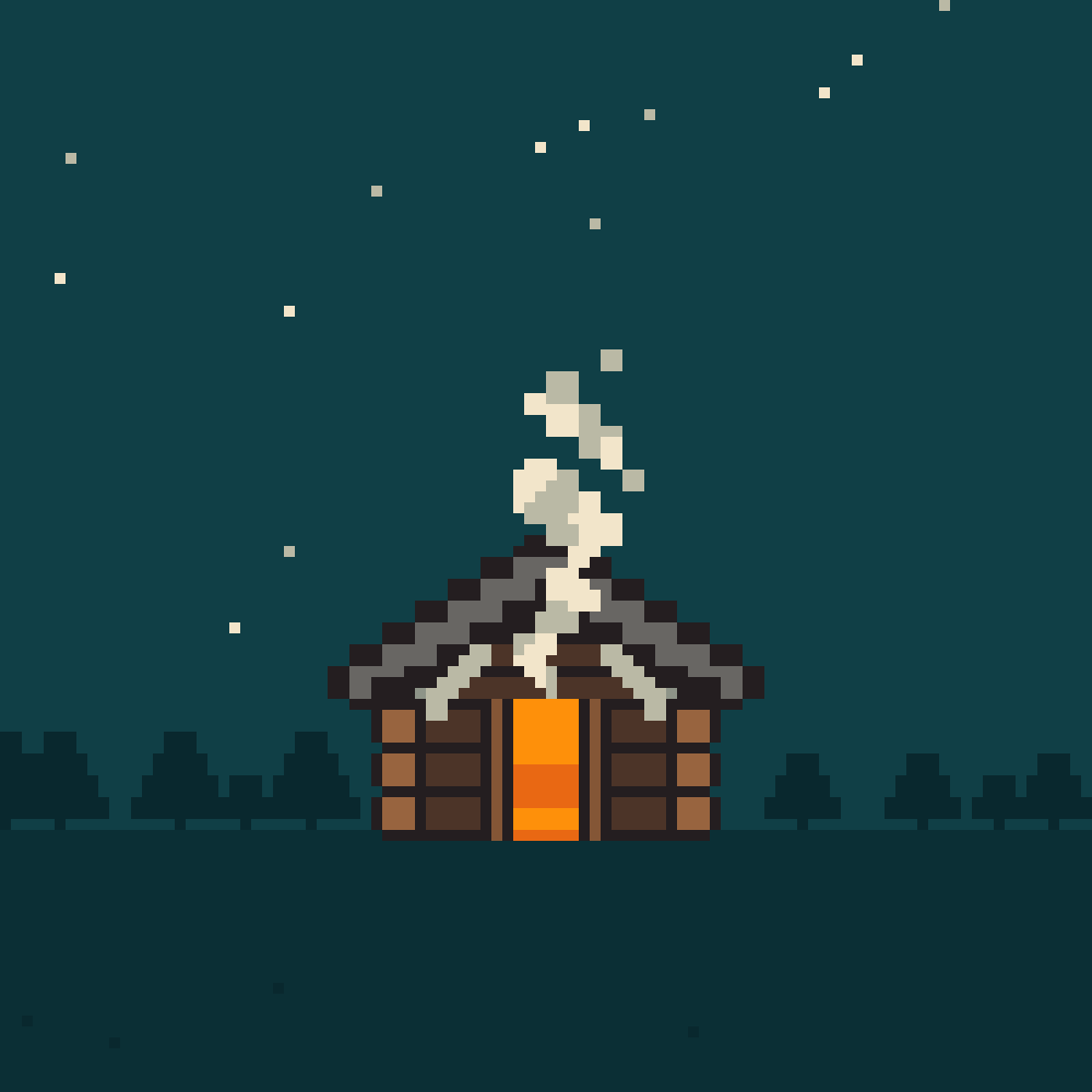 A pixel-art smoke sauna at night, smoke rising from its roof.
